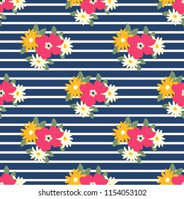 Floral pattern on a blue striped background. Seamless sample with white, pink and yellow flowers. Vector illustration