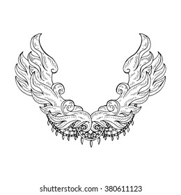 Floral pattern on collar, neck print. Boho style. Abstract linear ornament. Vector illustration 