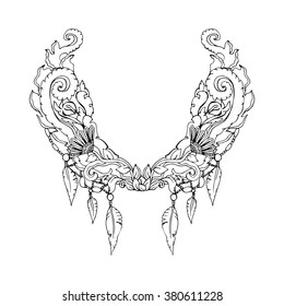 Floral pattern on collar, neck print. Boho style. Abstract linear ornament. Vector illustration 
