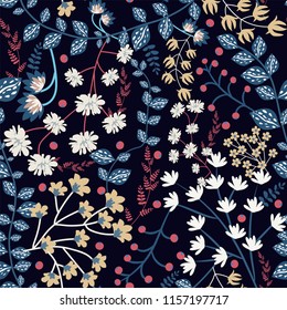 Floral pattern on dark background. Vector illustration in the style of hand-drawn. Fabulous, fantasy flowers, leaves, berries. Template, Wallpaper, beautiful design prints, fabrics, magazine covers.