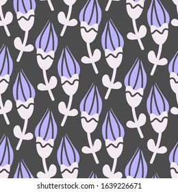 Floral pattern on dark background. Simple repeating flower buds. Seamless illustration for surface design