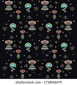 Patrón floral sobre un fondo oscuro en estilo retro. Apropiado para la impresión de tejidos
