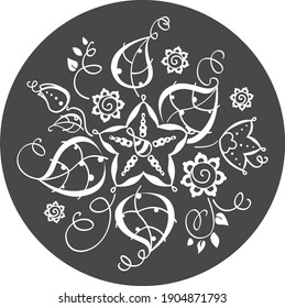 Floral pattern on a dark background. Vector pattern in a circle. White ornament with leaves and flowers.