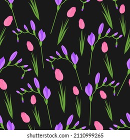 Floral pattern on a dark background. Vector background with purple freesias and pink tulips for packaging design, websites, holiday cards and printing on fabrics in bright and stylish colors.
