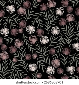 Patrón floral sobre fondo oscuro con ramificaciones botánicas elegantes y flores rosadas