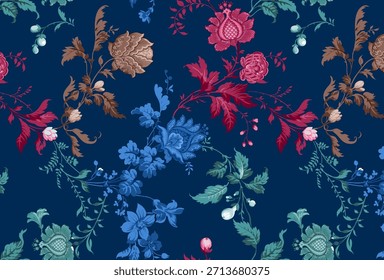 Ein vollflächiges Blumenmuster auf dunklem marineblauem Hintergrund mit verflochtenen roten, blauen, tealen und braunen stilisierten Blumen mit üppigen Blättern und Knospen, die in einem nahtlosen, sich wiederholenden Design angeordnet sind.