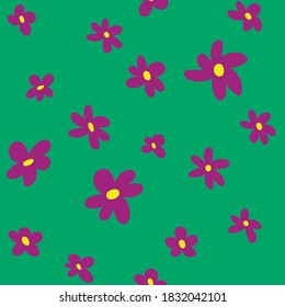 Floral pattern on a green background. Stylization of children's drawings. Seamless pattern. Vector graphics, green,lilac, purple. For background, Wallpaper, illustration, fabric, decor, design.