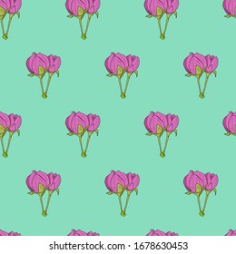 Floral pattern on a mint green background. Symmetrical pink buds of flowers. Seamless vector illustration. Fabric swatch with spring motif. 