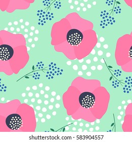 Floral pattern on mint green background. Cute spring colorful flowers seamless background - pink  poppies and sprigs of flowers. Fashion design for fabric, wallpaper, textile and decor.