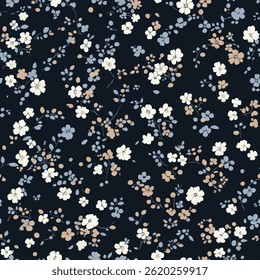 Floral pattern on a navy blue background, with small white flowers and brown and cream accents. tiny flower seamless pattern vector illustration, doodle summer, kids and baby designs for print fabric.
