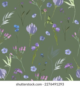 Patrón floral sobre el fondo de oliva Ilustración vectorial.