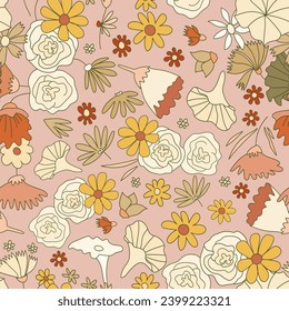 Floral pattern on a pale pink base, in the style of earthy organic shapes, warm color palette, hand-drawn elements, scattered composition. For textile, wallpaper, packaging, DIY projects.
