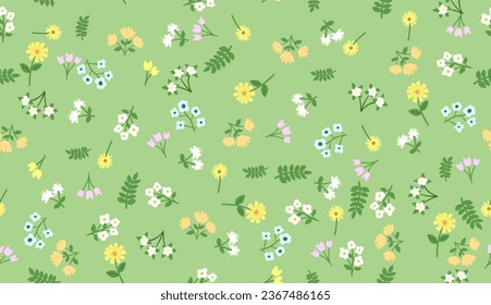 Floral pattern on pastel green background, seamless, vector illustration.
