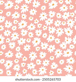 Floral pattern on peach background. Seamless pattern with small white flowers, vector illustration.