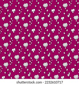 Floral pattern on a pink background. Vertically placed white flowers, buds, leaves. Seamless vector image.
