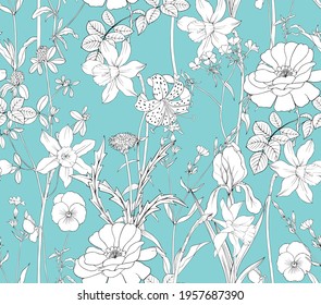 Floral pattern on turquoise background. Seamless background with colors for fabric and wallpaper.