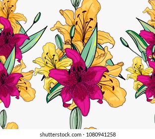 Floral pattern on white background. Spring colorful flowers seam