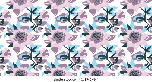 Floral pattern on white background. Spring ornament for print, wallpaper, textile. Pink flowers, simple shapes. Vector illustration