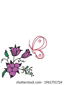 floral pattern on white background. beautiful purple flower with green leaf and butterfly. hand drawn vector. flat design template. doodle art for greeting, invitation, poster, backdrop, presentation.