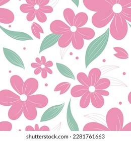 Floral pattern on a white background, featuring a variety of spring pink flowers. Ideal for adding a touch of freshness to your design projects.