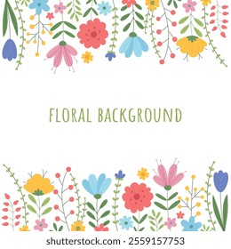 Floral pattern on a white background with tulips daisies leaves and branches