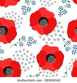 Floral pattern on white background. Cute red poppies with decorative dots seamless background. Fashion design for fabric, wallpaper, textile and decor.