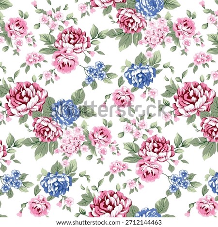Floral pattern on white fabric big blue rose flowers print as background
