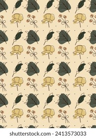 Patrón floral en un estilo de línea. Hojas y flores junto con manchas de manchas en tonos pastel y naturales. Natural, fondo vegetal. Patrón vectorial sin cable.