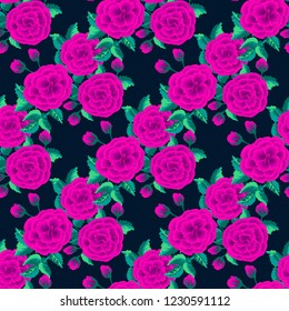 Floral pattern with one stroke painting imitation. Seamless folk pattern with flowers of roses. Vintage old style background. For textile, wallpaper, covers, surface, print, gift wrap, decoupage.