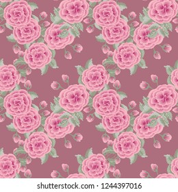 Floral pattern with one stroke painting imitation. Seamless folk pattern with roses. Vintage old style shabby chic background. For textile, wallpaper, covers, surface, print, gift wrap, decoupage.