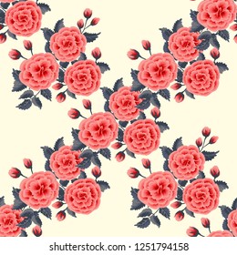 Floral pattern with one stroke painting imitation. Seamless print with flowers of coral roses. Vintage old style background. For textile, wallpaper, covers, surface, print, wrap. Trendy color.