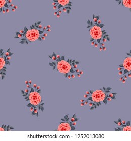 Floral pattern with one stroke painting imitation. Seamless print with flowers of coral roses. Vintage old style background. For textile, wallpaper, covers, surface, print, wrap. Trendy color.