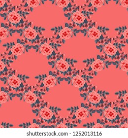 Floral pattern with one stroke painting imitation. Seamless print with flowers of coral roses. Vintage old style background. For textile, wallpaper, covers, surface, print, wrap. Trendy color.