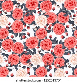 Floral pattern with one stroke painting imitation. Seamless print with flowers of coral roses. Vintage old style background. For textile, wallpaper, covers, surface, print, wrap. Trendy color.