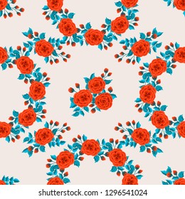 Floral pattern with one stroke painting imitation. Seamless folk pattern with flowers of roses. Vintage old style background. For textile, wallpaper, covers, surface, print, gift wrap, decoupage.