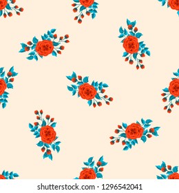Floral pattern with one stroke painting imitation. Seamless folk pattern with flowers of roses. Vintage old style background. For textile, wallpaper, covers, surface, print, gift wrap, decoupage.