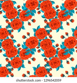 Floral pattern with one stroke painting imitation. Seamless folk pattern with flowers of roses. Vintage old style background. For textile, wallpaper, covers, surface, print, gift wrap, decoupage.