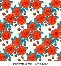 Floral pattern with one stroke painting imitation. Seamless folk pattern with flowers of roses. Vintage old style background. For textile, wallpaper, covers, surface, print, gift wrap, decoupage.