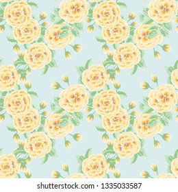 Floral pattern with one stroke painting imitation. Seamless folk pattern with flowers of yellow roses. Vintage old style background. For textile, wallpaper, covers, surface, print, wrap, decoupage.