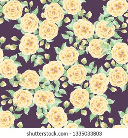 Floral pattern with one stroke painting imitation. Seamless folk pattern with flowers of yellow roses. Vintage old style background. For textile, wallpaper, covers, surface, print, wrap, decoupage.