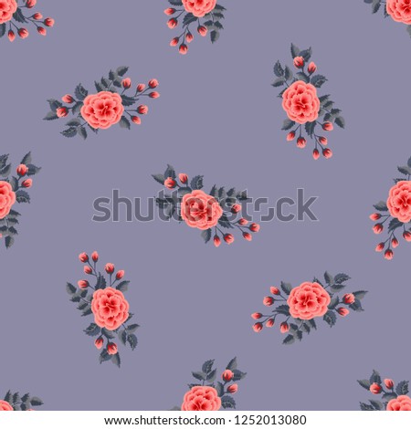 Floral pattern with one stroke painting imitation. Seamless print with flowers of coral roses. Vintage old style background. For textile, wallpaper, covers, surface, print, wrap. Trendy color.