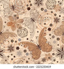 Floral pattern with openwork painted butterflies and flowers in pastel colors on a grunge background. Seamless texture.  Vector eps 10