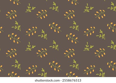Floral pattern with orange blossoms on brown background.
