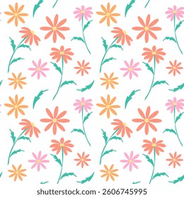 Floral pattern with orange and pink daisies, seamless vector background, design for textile printing, decorative wallpaper, packaging.
