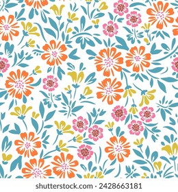 Floral pattern of orange, pink and yellow flowers and green leaves on a light background.