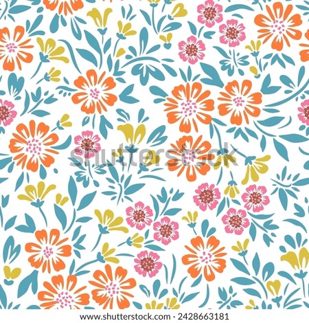 Floral pattern of orange, pink and yellow flowers and green leaves on a light background.