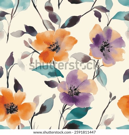 Floral pattern, orange and purple flowers on a cream background. watercolor flower seamless pattern. Watercolor print in rustic vintage style, textile or wallpapers.