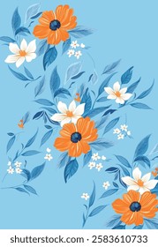 Floral Pattern with Orange and White Flowers on Blue Background