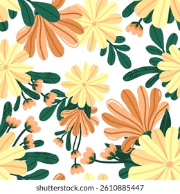Floral pattern with orange and yellow daisy blossoms and foliage. Decorative vector hand-drawn flower bundle. For spring-themed patterns, nature prints, invitations, posters, and botanical packaging