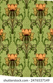 A floral pattern in orange, yellow, and green with a vintage feel.